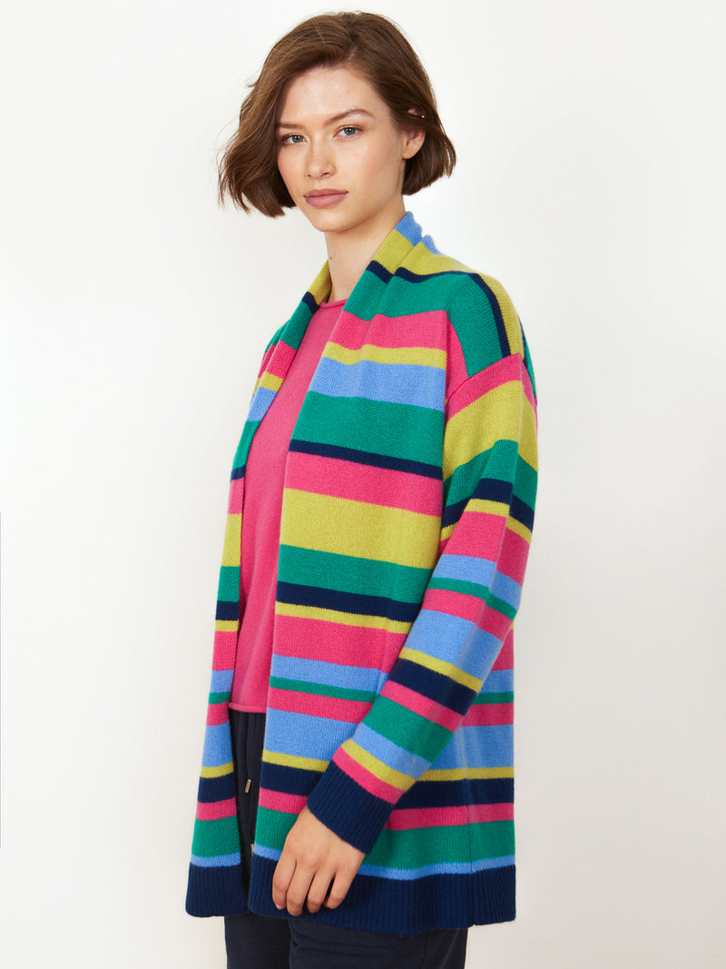 Woman wearing the Connie Cashmere Coat in crayola stripes by Margaret O'Leary.