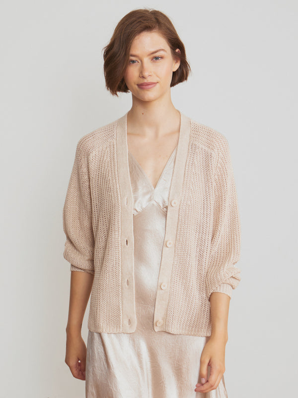 Woman wearing the Beach Cardigan by Margaret O'Leary.