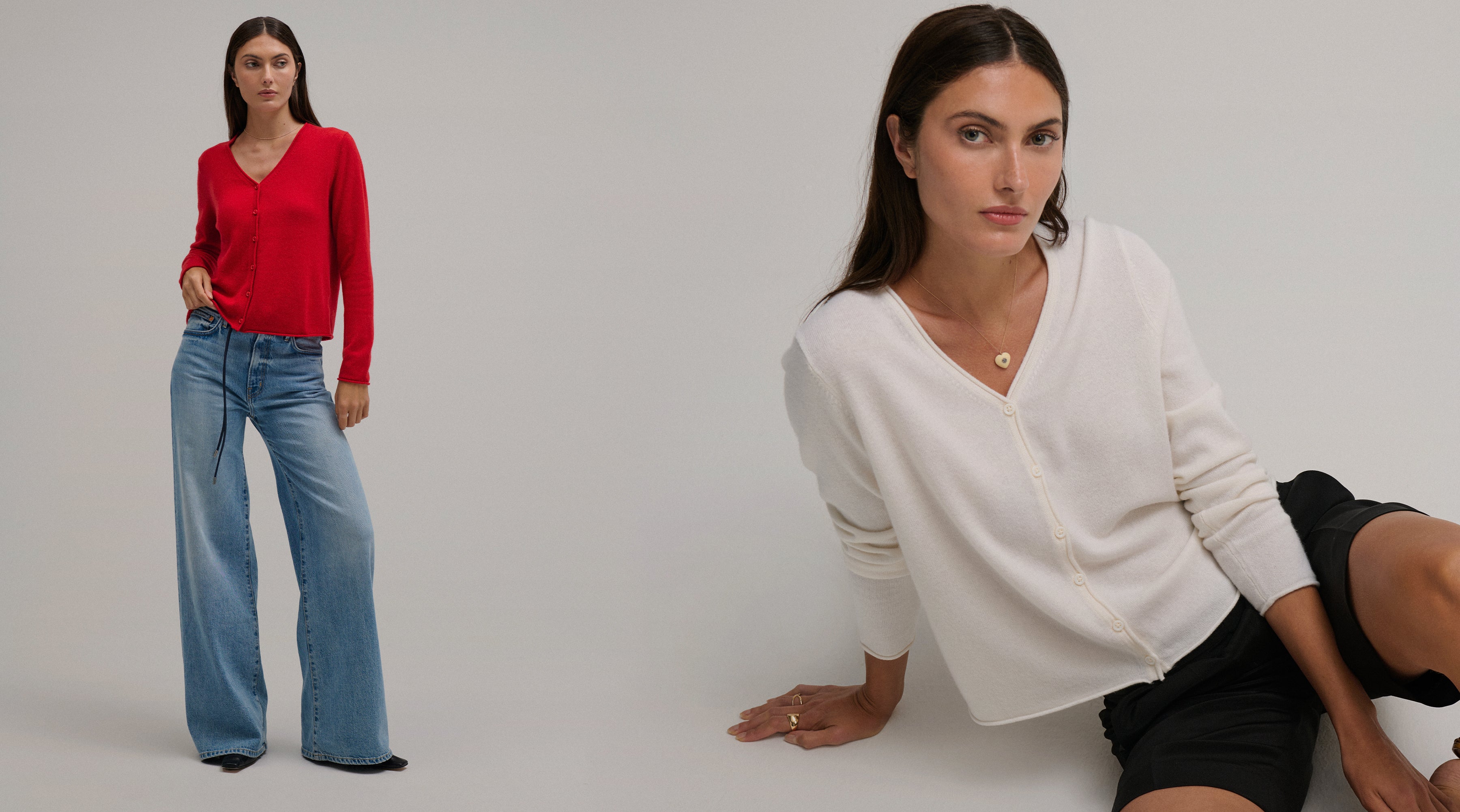 Two women wearing different colors of the Cashmere Vee Cardi by MargaretO'Leary on a plain background