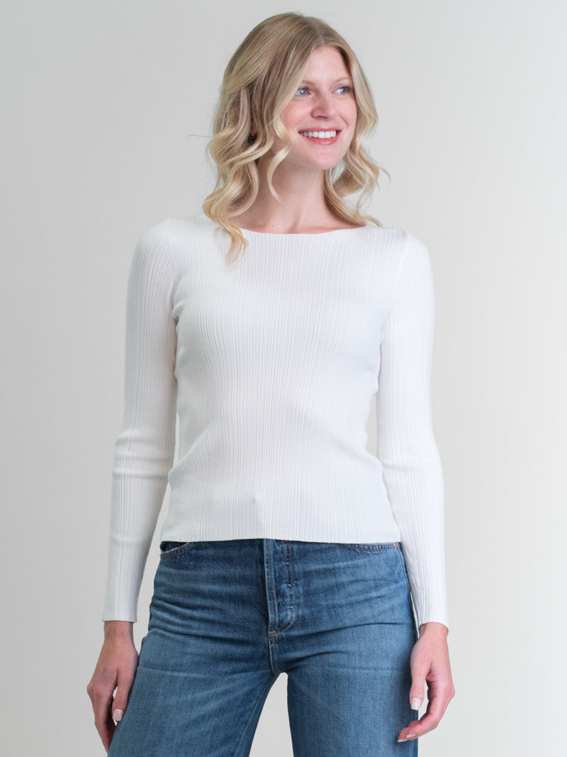Woman wearing the Felicia Rib Crew in Ivory by Margaret O'Leary.
