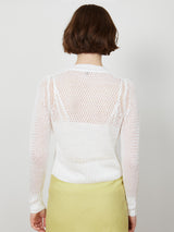 Woman wearing the Elodie Cardigan by Margaret O'Leary.