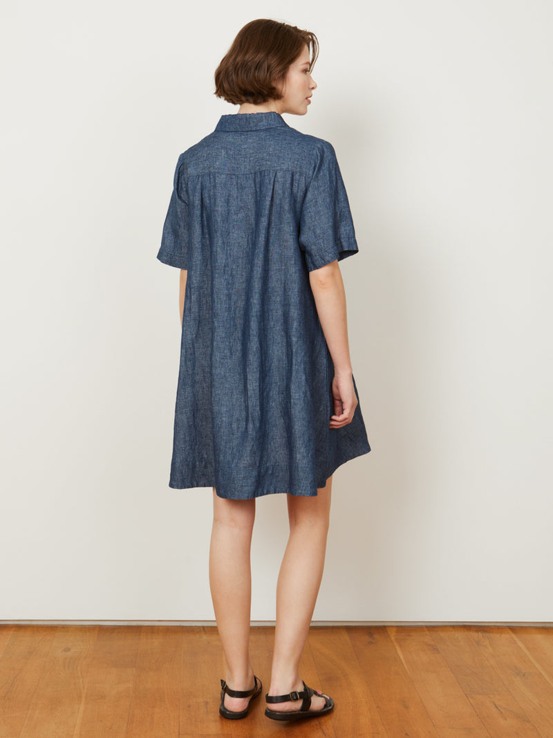 Woman wearing the Voluminous Shirt Dress in Indigo by Margaret O'Leary.
