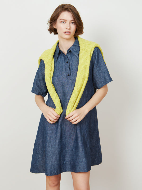 Woman wearing the Voluminous Shirt Dress in Indigo by Margaret O'Leary.