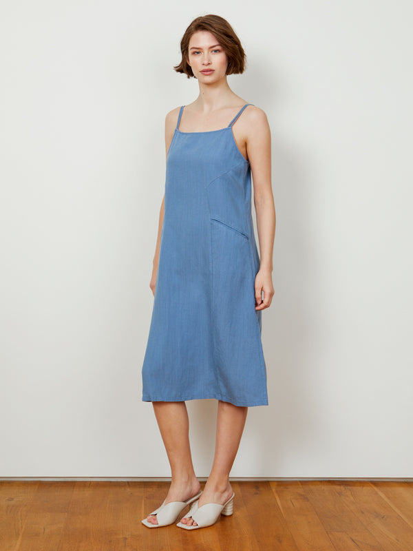 Woman wearing the Calistoga Double Strap Dress in Moonlight by Margaret O'Leary.