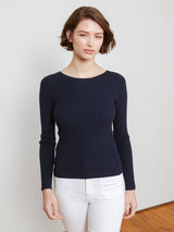 Woman wearing the Felicia Rib Crew in Navy by Margaret O'Leary.