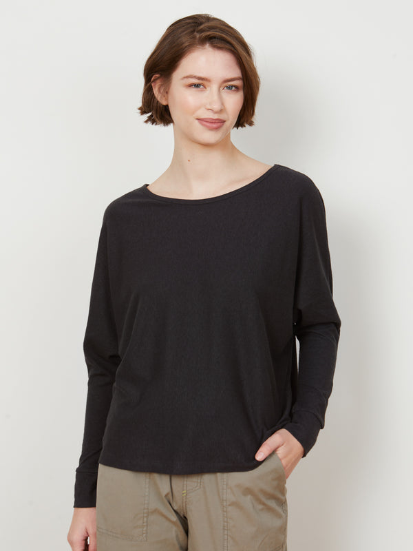 Woman wearing the Long Sleeve Tee in Eco Black by Margaret O'Leary.
