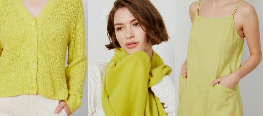 Three photos of women wearing bright yellow pieces by Margaret O'Leary.