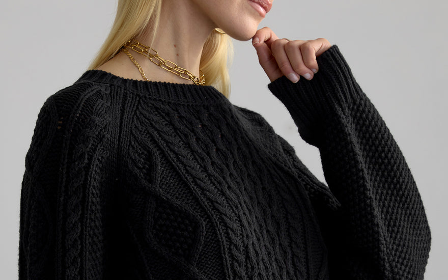 Woman wearing the Deidre Pullover by Margaret O'Leary.