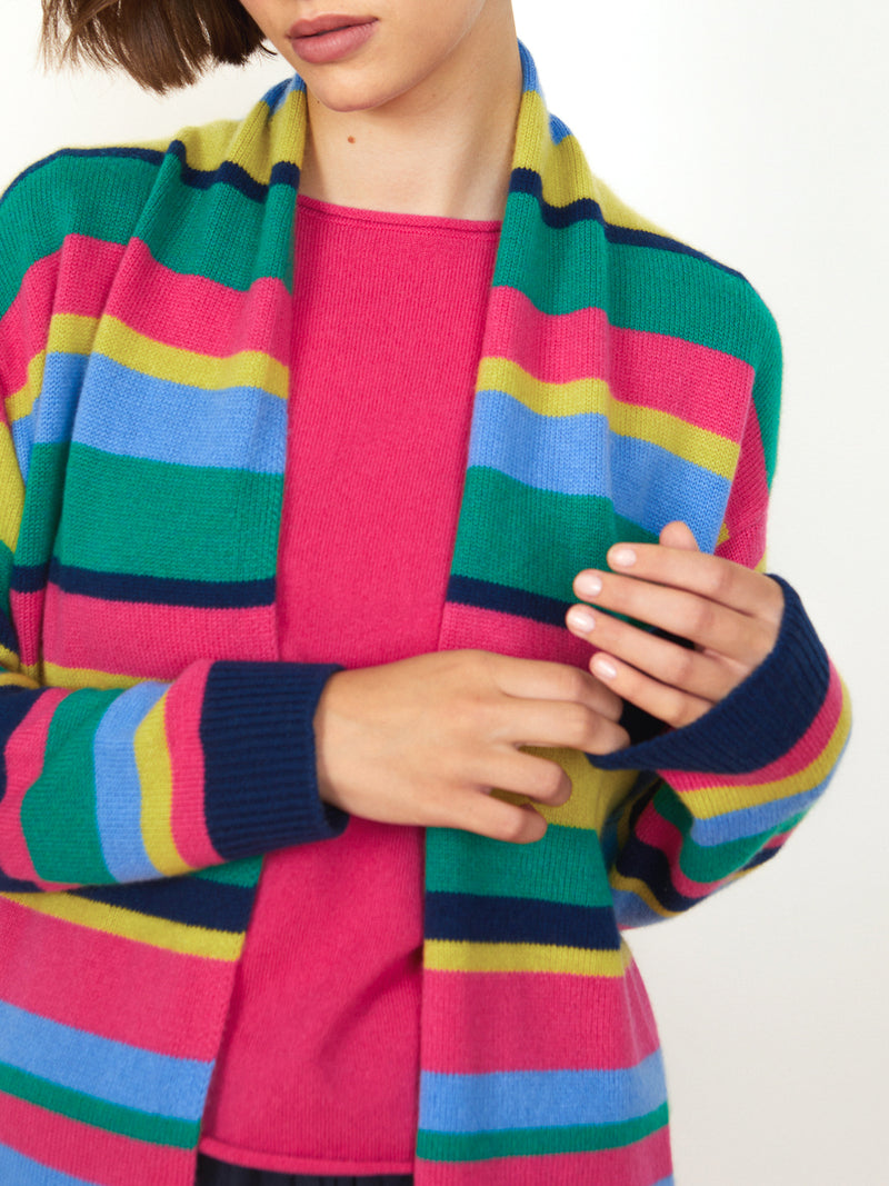 Woman wearing the Connie Cashmere Coat in crayola stripes by Margaret O'Leary.