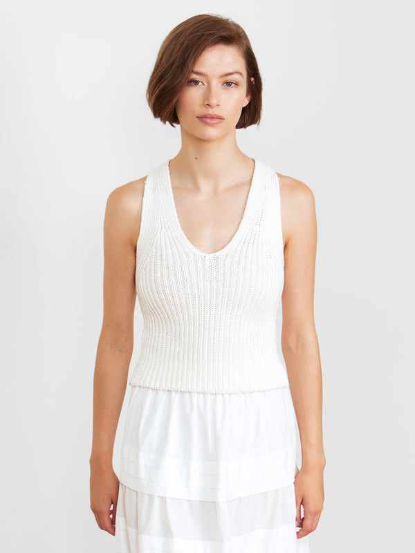 Woman wearing the Cropped Halter Tank by Margaret O'Leary.