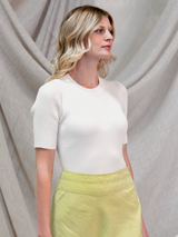 Woman wearing the Knit Rib Tee in Ivory by Margaret O'Leary.