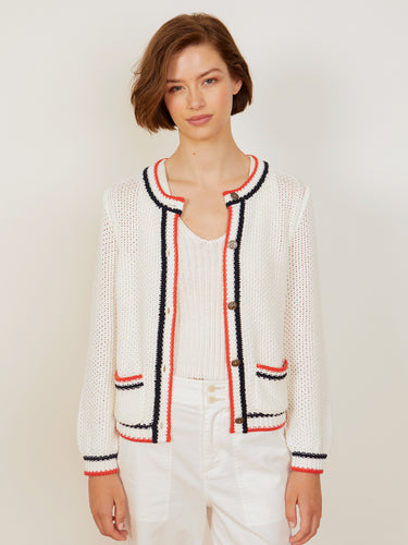 Woman wearing the Jordan Cardi in Ivory Mix by Margaret O'Leary.