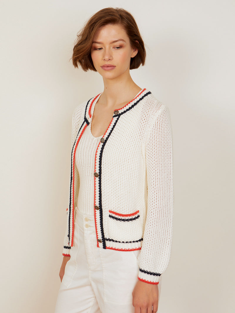 Woman wearing the Jordan Cardi in Ivory Mix by Margaret O'Leary.