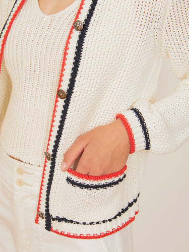 Woman wearing the Jordan Cardi in Ivory Mix by Margaret O'Leary.