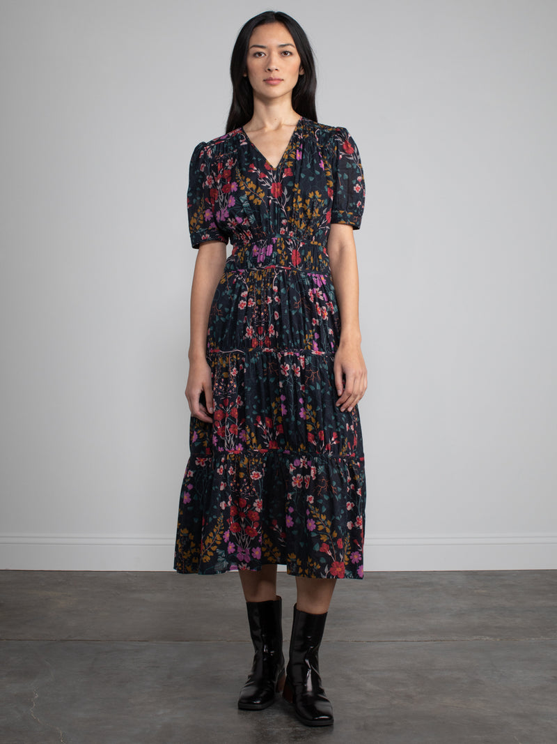 Female model wearing floral dress.