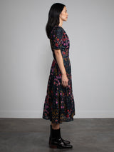 Female model wearing floral dress.