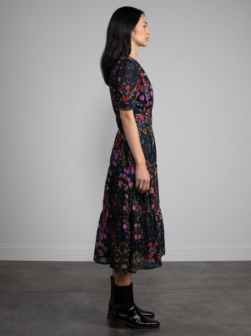 Female model wearing floral dress.