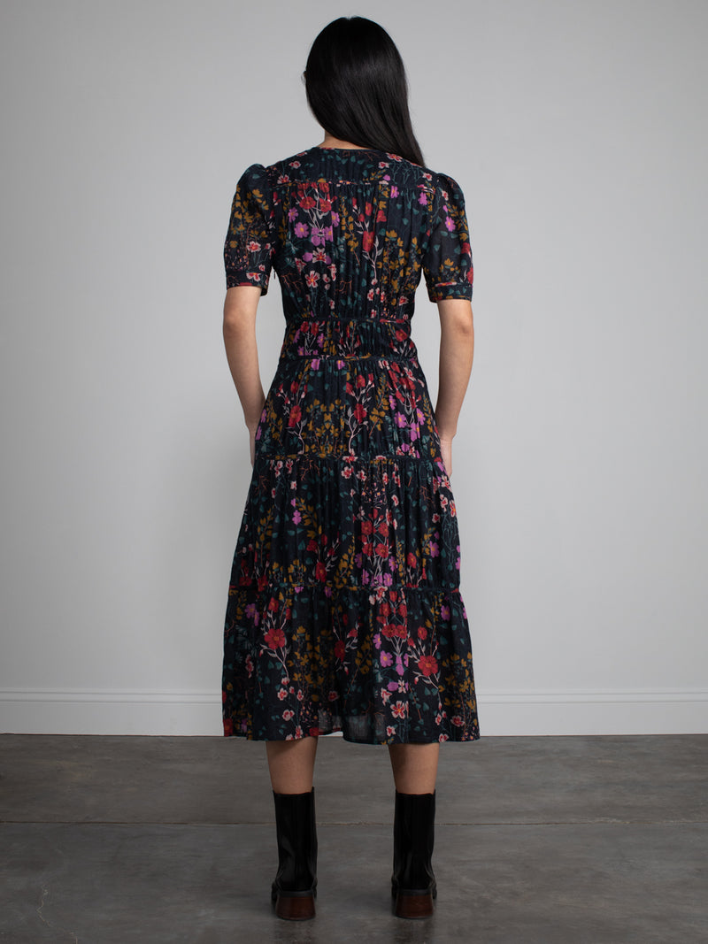 Female model wearing floral dress.