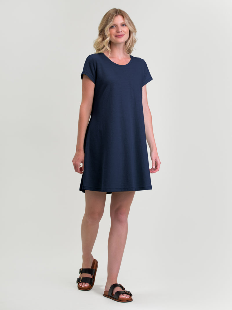 Woman wearing the Simple T-Shirt Dress by Margaret O'Leary.