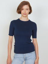 Woman wearing the Knit Rib Tee in Navy by Margaret O'Leary.