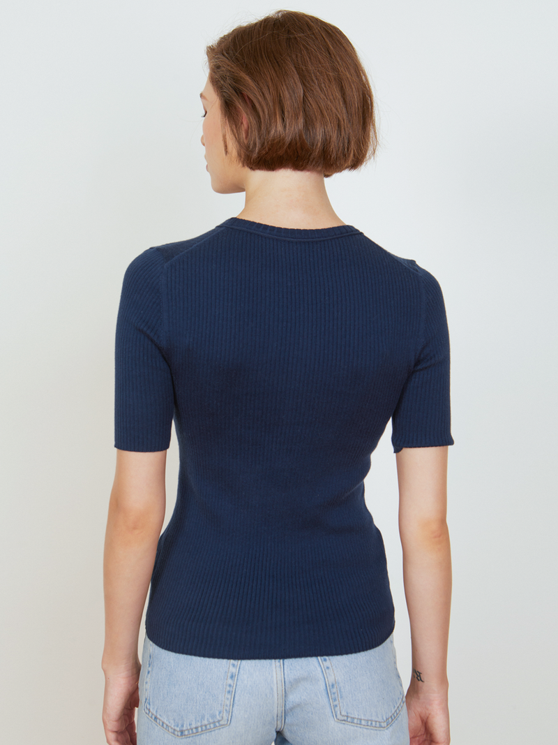 Woman wearing the Knit Rib Tee in Navy by Margaret O'Leary.