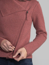 Close up of two-way zipper of cinnamon moto jacket. 