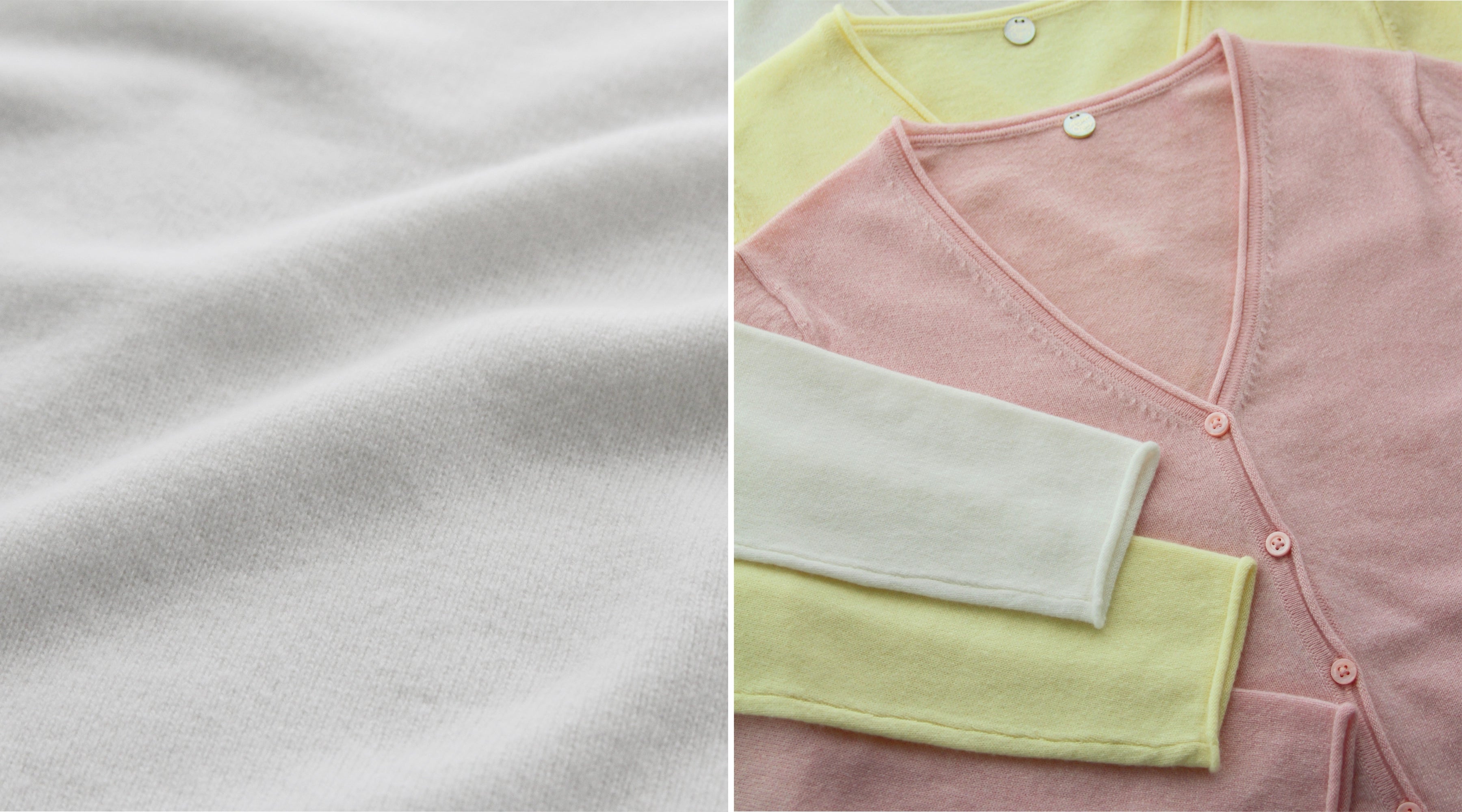 Vignettes of cashmere vee cardigans in pastel colours by Margaret O'Leary.