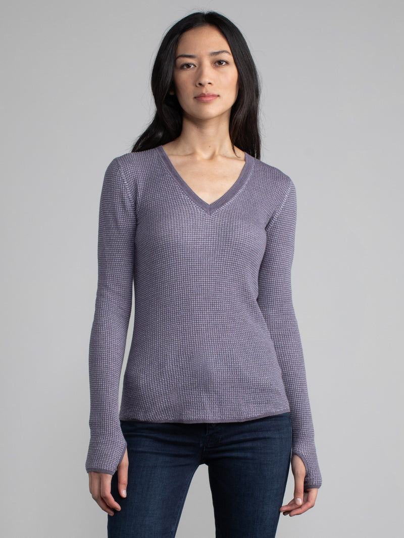 Female model in purple waffle long sleeve