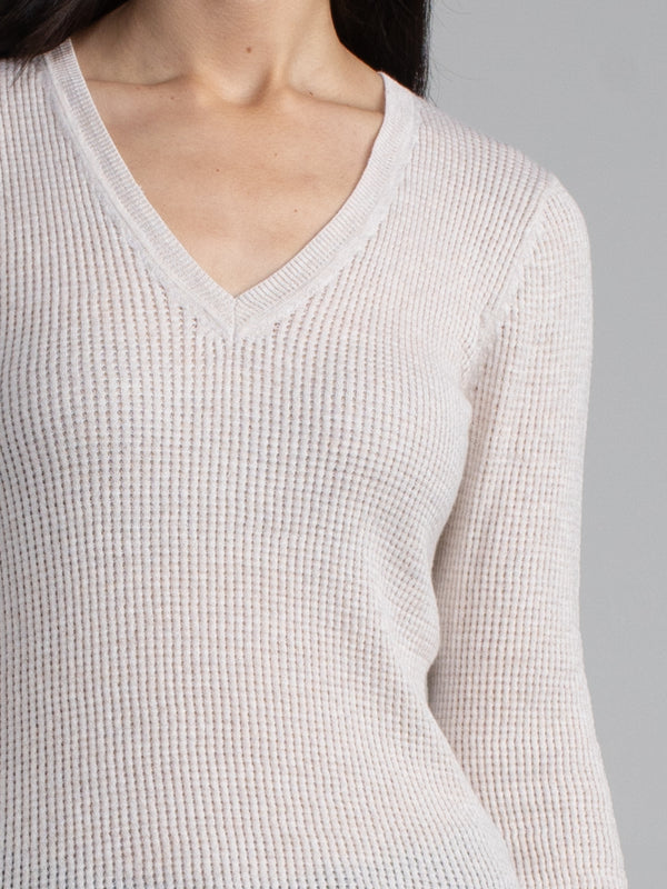 Female model in white waffle long sleeve