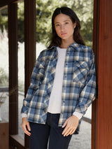 Woman wearing a plaid button down.