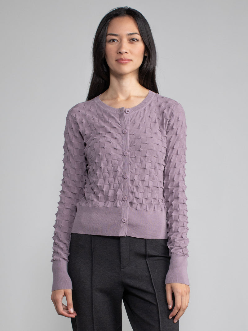 Model wearing a light purple cardigan with button closure.