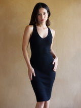 Woman wearing black sparkle dress.