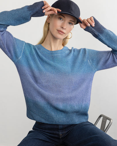 Woman wearing Painted Stripe Pullover in blue purple made by Margaret O'Leary.