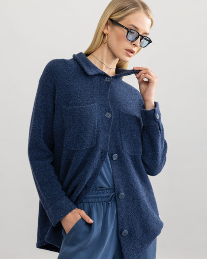 Woman wearing Berkeley Shacket, Silk Tank, and Silk PJ pant innavy made by Margaret O'Leary.