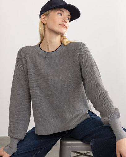 Woman wearing Whitney Waffle Crew in gunmetal made by Margaret O'Leary.