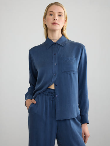 Woman wearing the Silk Shirt by Margaret O'Leary.