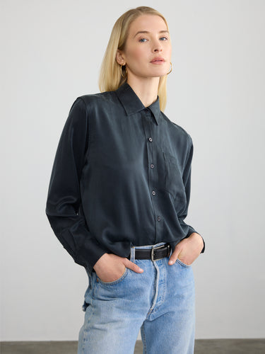 Woman wearing the Silk Shirt by Margaret O'Leary.