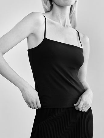 Woman wearing Square Neck Tank in black by Margaret O'Leary
