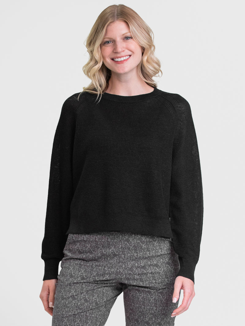 Woman wearing the Rib Linen Pullover by Margaret O'Leary.