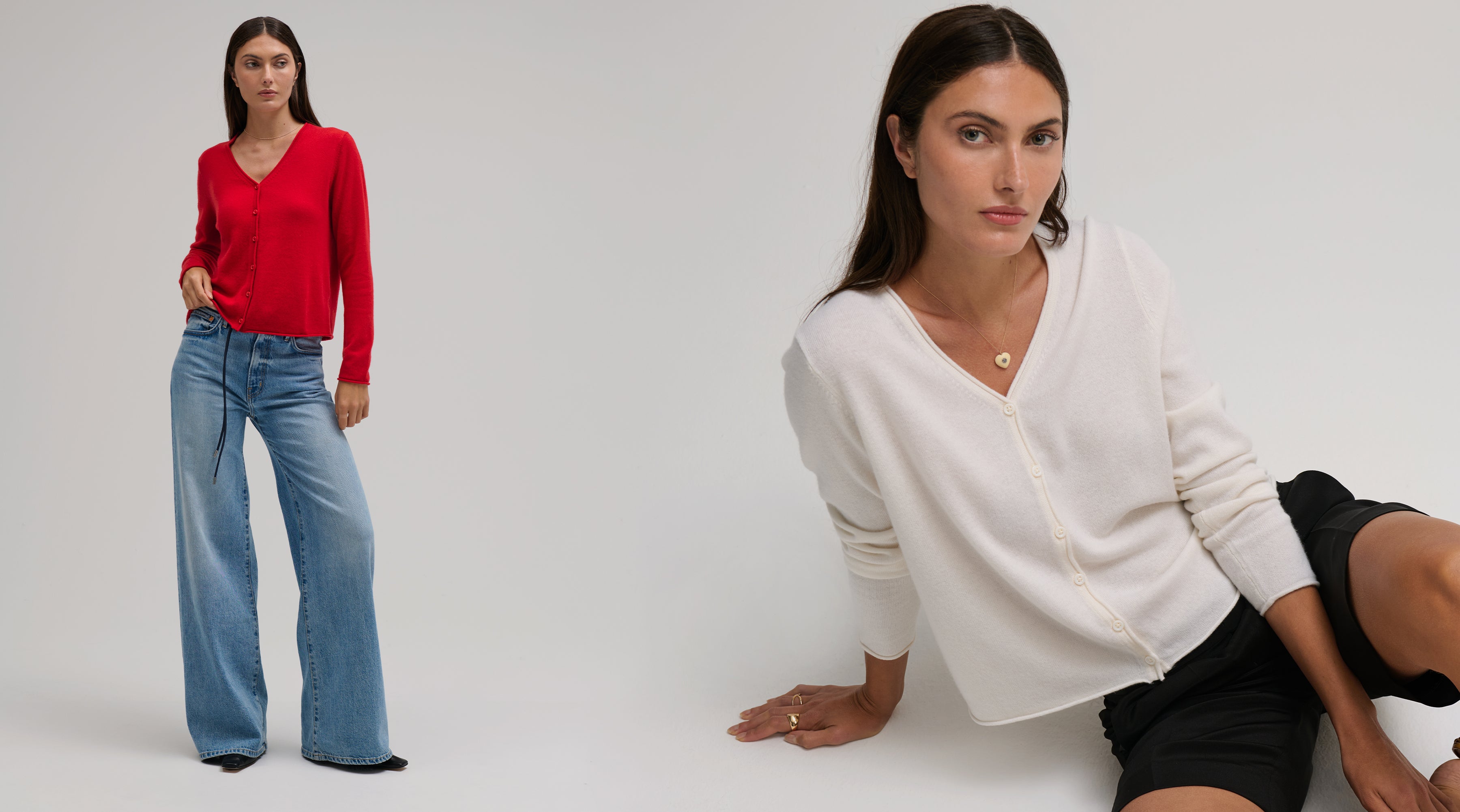Two women wearing different colors of the Cashmere Vee Cardi by MargaretO'Leary on a plain background