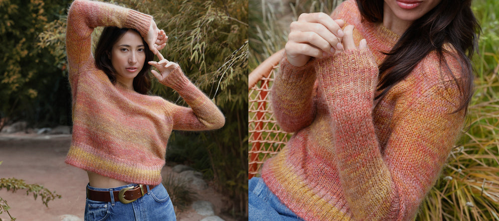 A woman wearing the orange Marina Pullover sweater.