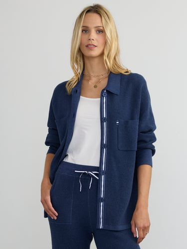 Woman wearing the Jamie Waffle Shacket by Margaret O’Leary
