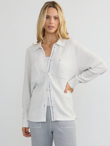 Woman wearing the Jamie Waffle Shacket by Margaret O’Leary