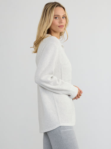 Woman wearing the Jamie Waffle Shacket by Margaret O’Leary
