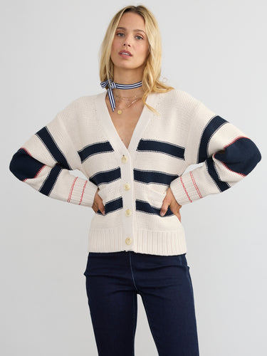 Woman wearing the Barrel Sleeve Cardi by Margaret O'Leary.