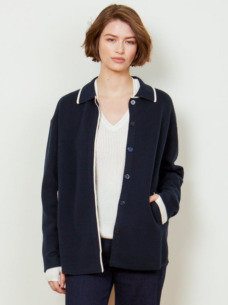 Woman wearing the Cotton Shacket in Navy/Ivory by Margaret O'Leary.