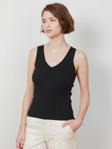 Woman wearing the Selena Rib Tank in Black by Margaret O'Leary.
