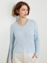 Woman wearing the Lounge Vee in Frost by Margaret O'Leary.