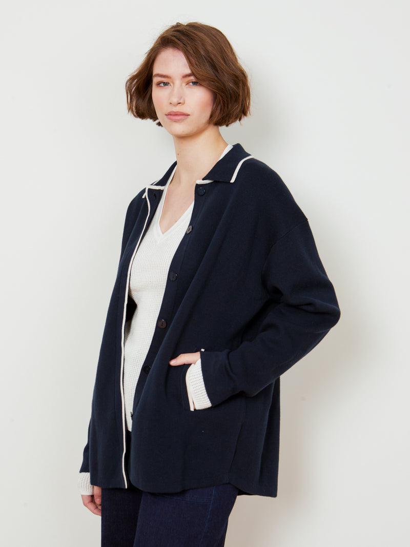 Woman wearing the Cotton Shacket in Navy/Ivory by Margaret O'Leary.