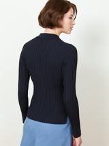 Woman wearing the Slim Ribbed Cardi by Margaret O'Leary.